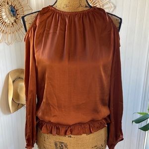 NWT 1. State Brown Satin Blouse Sz S